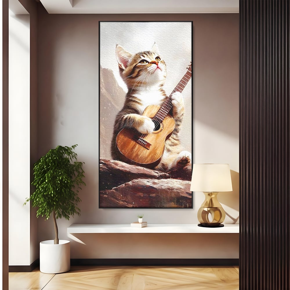 Tablou canvas cu tablou canvas cu pisica cantand la chitara, in rama de aluminiu negru